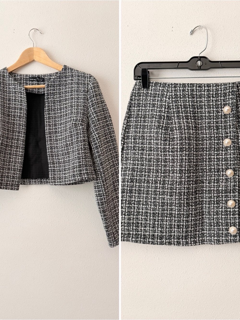 SHEIN Black & White Tweed Jacket and Pearl-Button Mini Skirt Set